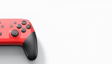 Gerçekçi renkli video oyunu joystick 'i ya da beyaz arkaplanda renk düğmeleri olan oyun platformu. Bulut oyunu ve oyun alanı çalışma alanı konsepti için 3 boyutlu görüntüleme