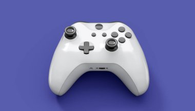 Gerçekçi beyaz video oyunu joystick 'i ya da menekşe arka planda oyun platformu. Bulut oyunu ve oyun alanı çalışma alanı konsepti için 3 boyutlu görüntüleme