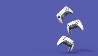 Gerçekçi beyaz video oyunu joystickleri ya da menekşe arka planda oyun pedleri. Bulut oyunu ve oyun alanı çalışma alanı konsepti için 3 boyutlu görüntüleme