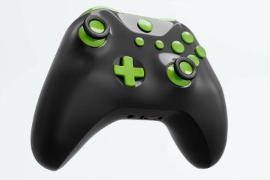 Gerçekçi siyah video oyunu joystick ya da beyaz arka planda renk düğmeleri olan oyun platformu. Bulut oyunu ve oyun alanı çalışma alanı konsepti için 3 boyutlu görüntüleme