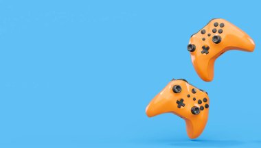 Gerçekçi mavi video oyunu joystickleri ya da mavi arka planda oyun koruyucuları. Bulut oyunu ve oyun alanı çalışma alanı konsepti için 3 boyutlu görüntüleme