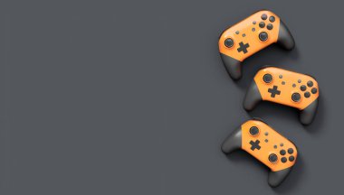 Siyah arka planda gerçekçi turuncu oyun joystickleri ya da oyun pedleri. Bulut oyunu ve oyun alanı çalışma alanı konsepti için 3 boyutlu görüntüleme