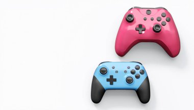 Gerçekçi renkli video oyunu joystickleri ya da beyaz arka planda renk düğmeleri olan gamepad 'ler. Bulut oyunu ve oyun alanı çalışma alanı konsepti için 3 boyutlu görüntüleme