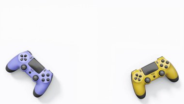 Gerçekçi renkli video oyunu joystickleri ya da beyaz arka planda renk düğmeleri olan gamepad 'ler. Bulut oyunu ve oyun alanı çalışma alanı konsepti için 3 boyutlu görüntüleme