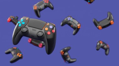 Mor arka planda dönen ve düşen gerçekçi siyah oyun joystickleri ya da gamepad 'leri. Bulut oyunu ve oyun alanı çalışma alanı konsepti için 3B yayın ekipmanı oluşturma