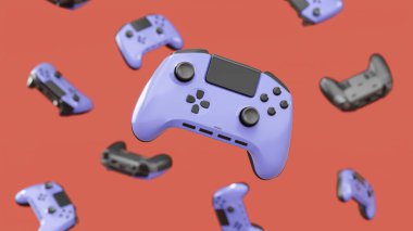 Kırmızı arka planda dönen ve düşen gerçekçi siyah oyun joystickleri ya da gamepad 'leri. Bulut oyunu ve oyun alanı çalışma alanı konsepti için 3B yayın ekipmanı oluşturma