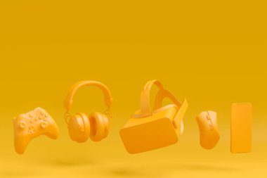 Kablosuz klavye, VR gözlükleri, oyun kontrolörleri ve tek renkli arka planda kulaklıklar gibi cihazlarla düzenli ev aletleri.