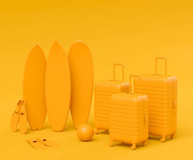Tek renkli arka planda plaj topu ve sörf tahtası olan bavul. Yaz tatili konsepti ve tatillerinin 3 boyutlu canlandırması