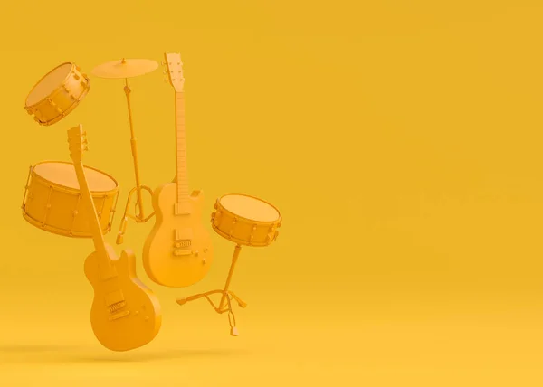 Set of electric acoustic guitars and drums with metal cymbals on monochrome background. 3d render of musical percussion instrument, drum machine and drumset with heavy metal guitar for rock festival