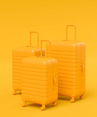 Renkli bavul ya da tek renkli arka planda valiz. Yaz tatili konsepti ve tatillerinin 3 boyutlu canlandırması