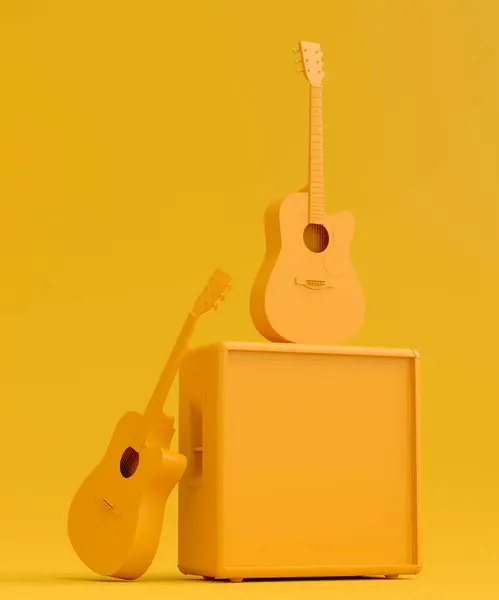 Set of electric acoustic guitars amplifiers on monochrome background. 3d render of musical percussion instrument, drum machine and drumset with heavy metal guitar for rock festival poster