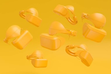 Tek renkli arka planda çevrimiçi oyun oynamak için sanal gerçeklik gözlüğü. Canlı yayın konsepti üst görünümü için 3d aksesuar oluşturma