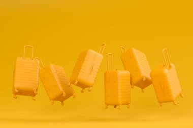 Renkli bavul ya da tek renkli arka planda valiz. Yaz tatili konsepti ve tatillerinin 3 boyutlu canlandırması