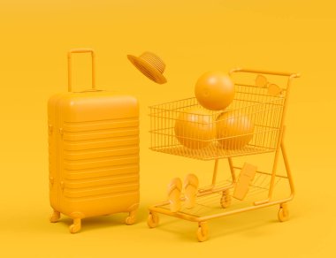 Colorful beach accessories and shopping trolley on monochrome background. 3D render of summer vacation concept and holidays