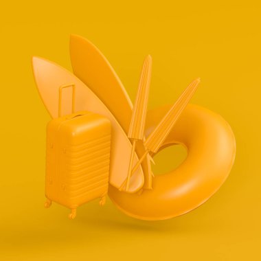 Colorful surfboard, beach ring, umbrellas and scuba mask on monochrome background. 3D render of summer vacation concept and holidays