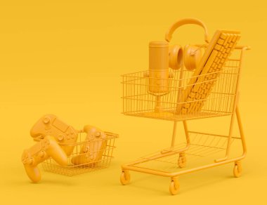 Fare, klavye, joystick, kulaklık, monokrom arka planda alışveriş arabalarında VR kulaklık gibi uçan oyun vitesleri. 3D satış, alışveriş ve canlı yayın aksesuarları sunma kavramı