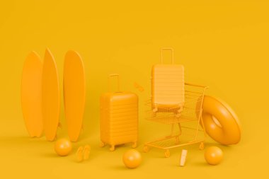 Colorful beach accessories and shopping trolley on monochrome background. 3D render of summer vacation concept and holidays