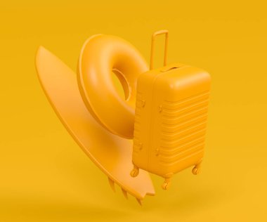 Renkli bavul, sörf ya da tek renkli arka planda uçan şişme halkalar. Yaz tatili konsepti ve tatillerinin 3 boyutlu canlandırması