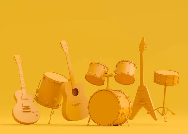 Set of electric acoustic guitars and drums with metal cymbals on monochrome background. 3d render of musical percussion instrument, drum machine and drumset with heavy metal guitar for rock festival