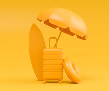 Colorful surfboard, beach ring, umbrellas and scuba mask on monochrome background. 3D render of summer vacation concept and holidays