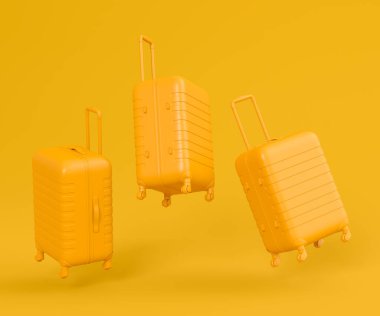 Renkli bavul ya da tek renkli arka planda valiz. Yaz tatili konsepti ve tatillerinin 3 boyutlu canlandırması