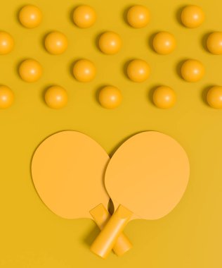 Masa tenisi için masa tenisi raketi ve mavi arka planda top. Aktif eğitim için 3D spor ekipmanı hazırlama