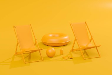 Plaj sandalyesi, şişme yüzük ve tek renkli arka planda plaj topu. Yaz tatili kavramının 3 boyutlu canlandırması