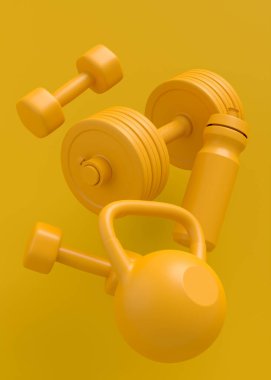Yoga minderi, kettlebell, dambıl ve monokrom arka plandaki akıllı saatler gibi spor aletleri. Güç kaldırma ve zindelik kavramının 3 boyutlu canlandırması