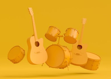Elektronik akustik gitarlar ve tek renkli arka planda metal zilleri olan davullar. Rock festivali için üç boyutlu müzik enstrümanı, bateri ve heavy metal gitarın yorumcusu.