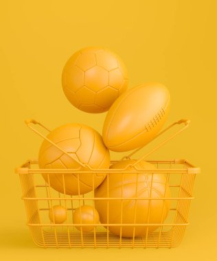 Set of ball like basketball, american football and golf in shopping basket on monochrome background. 3d rendering of sport accessories for team playing games