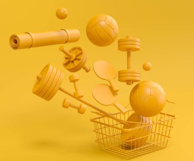 Sport equipment for fitness, gym in shopping basket on monochrome background. 3d render of power lifting and fitness concept