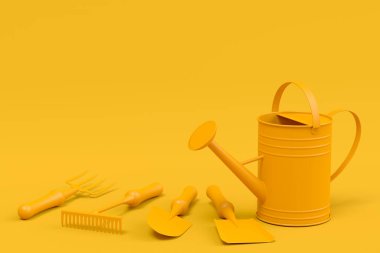 Tek renkli arka planda kürek, tırmık ve çatal gibi bahçe aletleriyle sulama tenekesi. 3D bahçe işleri ve tarım malzemeleri kavramı