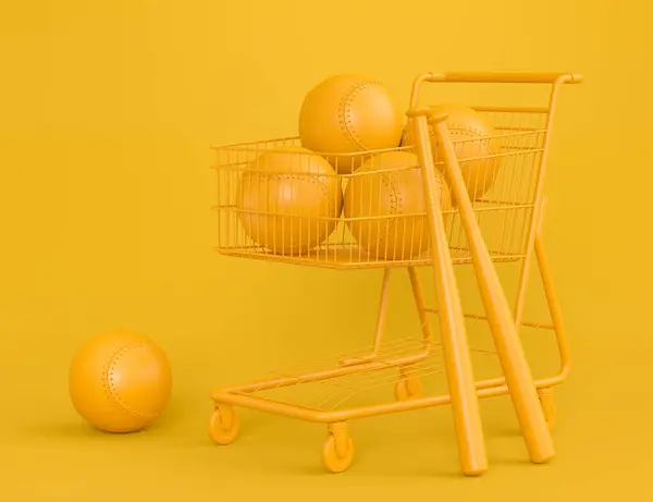 Set of ball like basketball, american football and golf in shopping cart on monochrome background. 3d rendering of sport accessories for team playing games