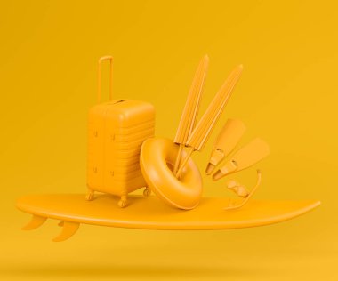 Colorful surfboard, beach ring, umbrellas and scuba mask on monochrome background. 3D render of summer vacation concept and holidays