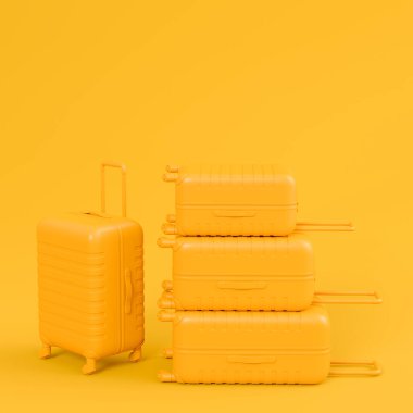 Renkli bavul ya da tek renkli arka planda valiz. Yaz tatili konsepti ve tatillerinin 3 boyutlu canlandırması