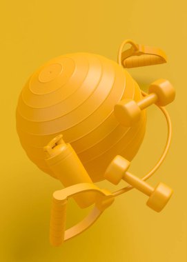 Yoga minderi, kettlebell, dambıl ve monokrom arka plandaki akıllı saatler gibi spor aletleri. Güç kaldırma ve zindelik kavramının 3 boyutlu canlandırması