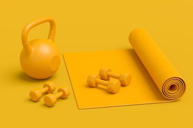 Yoga minderi, kettlebell, fitness topu ve tek renkli arka plandaki akıllı saatler gibi spor ekipmanlarına özgün bir bakış açısı. Güç kaldırma ve zindelik kavramının 3 boyutlu canlandırması