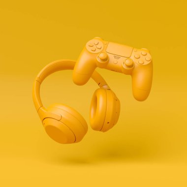 Monokrom arka planda, kulaklık ve joystick gibi uçan monokrom oyuncu dişlileri. Canlı yayın konsepti üst görünümü için 3d aksesuar hazırlama