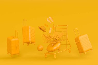 Colorful beach accessories and shopping trolley on monochrome background. 3D render of summer vacation concept and holidays
