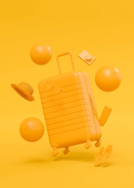 Renkli bavul ya da tek renkli arka planda plaj aksesuarları olan bavul. Yaz tatili konsepti ve tatillerinin 3 boyutlu canlandırması