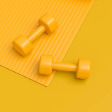 Su savaşı, dambıl ve tek renkli arka planda yoga minderi gibi spor ekipmanlarına farklı bir bakış açısı. Güç kaldırma ve zindelik kavramının 3 boyutlu canlandırması