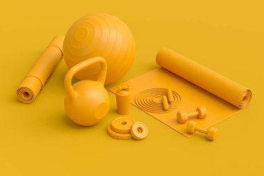 Yoga minderi, kettlebell, fitness topu ve tek renkli arka plandaki akıllı saatler gibi spor ekipmanlarına özgün bir bakış açısı. Güç kaldırma ve zindelik kavramının 3 boyutlu canlandırması