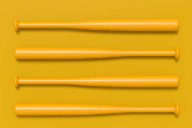 Tek renkli arka planda ahşap profesyonel softbol ya da beyzbol sopası seti. Takım oyunları için 3 boyutlu spor aksesuarları hazırlama