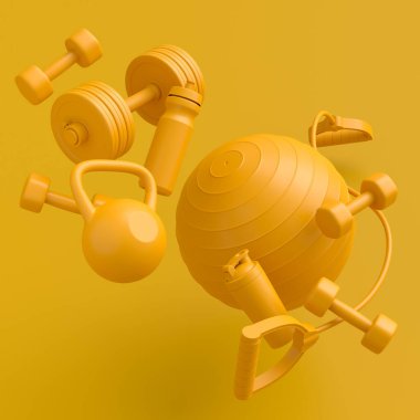 Yoga minderi, kettlebell, fitness topu ve tek renkli arka plandaki akıllı saatler gibi spor ekipmanlarına özgün bir bakış açısı. Güç kaldırma ve zindelik kavramının 3 boyutlu canlandırması