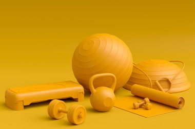 Yoga minderi, kettlebell, fitness topu ve tek renkli arka plandaki akıllı saatler gibi spor ekipmanlarına özgün bir bakış açısı. Güç kaldırma ve zindelik kavramının 3 boyutlu canlandırması