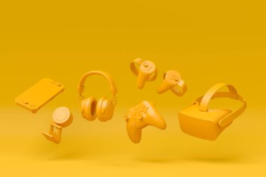 Fare, klavye, joystick, kulaklık, VR kulaklık, monokrom arka planda mikrofon gibi uçan oyun monokrom dişlileri. Canlı yayın konsepti üst görünümü için 3d aksesuar oluşturma