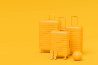 Renkli bavul ya da tek renkli arka planda valiz. Yaz tatili konsepti ve tatillerinin 3 boyutlu canlandırması