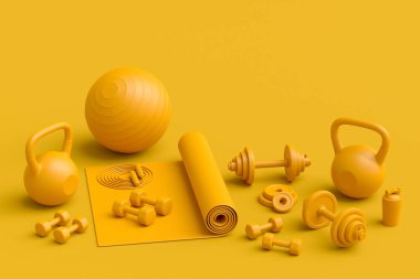 Yoga minderi, kettlebell, fitness topu ve tek renkli arka plandaki akıllı saatler gibi spor ekipmanlarına özgün bir bakış açısı. Güç kaldırma ve zindelik kavramının 3 boyutlu canlandırması