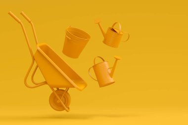 Tek renkli arka planda kürek, tırmık ve çatal gibi bahçe aletleri olan el arabası. 3D bahçe işleri ve tarım malzemeleri kavramı