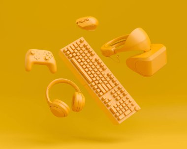 Fare, klavye, joystick, kulaklık, VR kulaklık, monokrom arka planda mikrofon gibi uçan oyun monokrom dişlileri. Canlı yayın konsepti üst görünümü için 3d aksesuar oluşturma